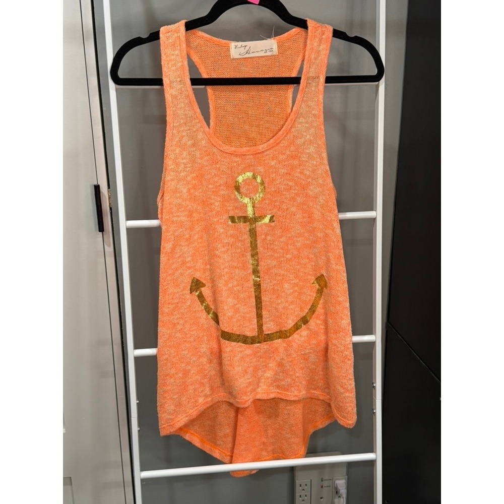 Vintage Havana Womens Orange Knit‎ Anchor Graphic High Low Racerback Tank Top M